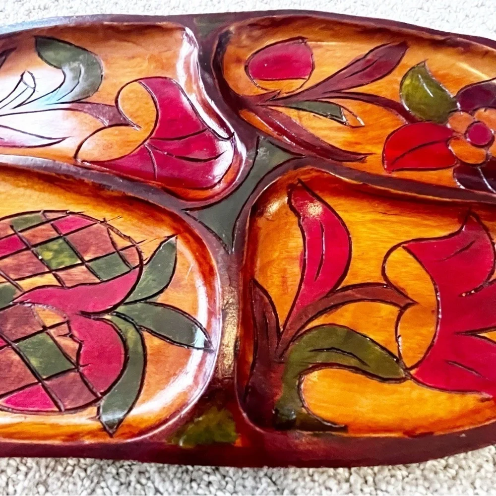 Vintage Mid Century Wooden Serving Tray Platter Boho Exotic Wood Divided Carved